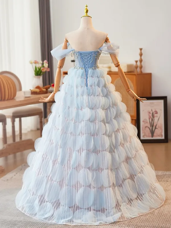 High-end Sky Blue Beading Rhinestone Cascading Ruffles Prom Dresses 2024 Ball Gown Off-The-Shoulder Sleeveless Backless Floor-Length / Long Prom Formal Dresses
