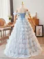 High-end Sky Blue Beading Rhinestone Cascading Ruffles Prom Dresses 2024 Ball Gown Off-The-Shoulder Sleeveless Backless Floor-Length / Long Prom Formal Dresses