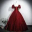 Vintage / Retro Burgundy Beading Velvet Prom Dresses 2025 Ball Gown Square Neckline Short Sleeve Backless Floor-Length / Long Formal Dresses