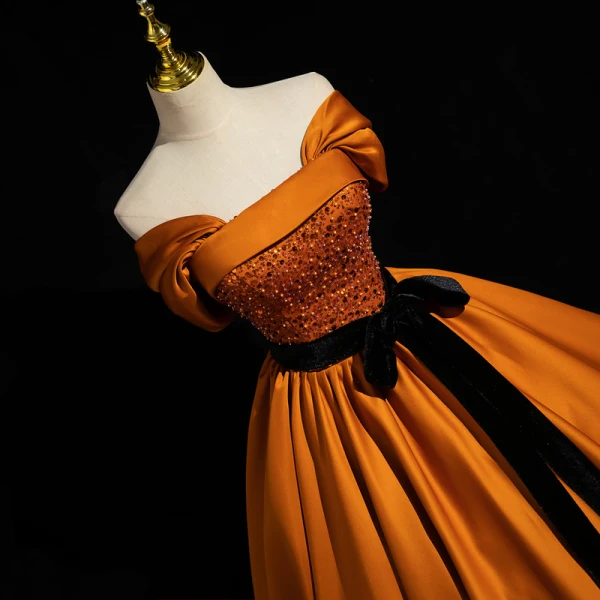 Élégant Orange Perlage Paillettes Satin Robe De Bal 2023 Robe Boule De l'épaule Sans Manches Dos Nu Noeud Ceinture Longue Robe De Ceremonie
