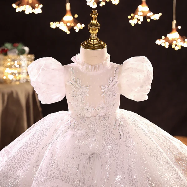 Charming White Beading Sequins Rhinestone Lace Flower Prom Flower Girl Dresses 2022 Ball Gown High Neck Puffy Short Sleeve Floor-Length / Long Flower Girl Dresses