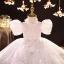 Charming White Beading Sequins Rhinestone Lace Flower Prom Flower Girl Dresses 2022 Ball Gown High Neck Puffy Short Sleeve Floor-Length / Long Flower Girl Dresses
