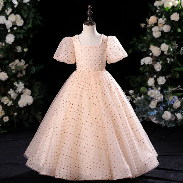 Modest / Simple Sage Green Pearl Birthday Flower Girl Dresses 2024 Ball Gown Square Neckline Short Sleeve Floor-Length / Long