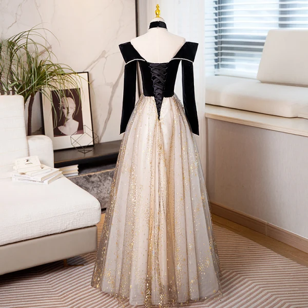 Charming Black Star Sequins Evening Dresses 2023 A-Line / Princess Pearl Off-The-Shoulder Long Sleeve Backless Floor-Length / Long Evening Party Formal Dresses