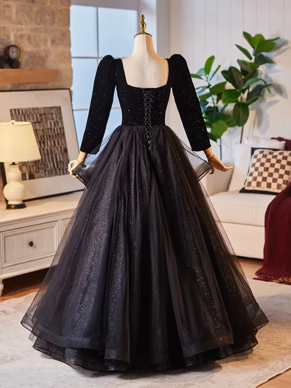 Audrey Hepburn Style Black Glitter Prom Dresses 2024 Ball Gown Square Neckline Long Sleeve Backless Floor-Length / Long Prom Formal Dresses