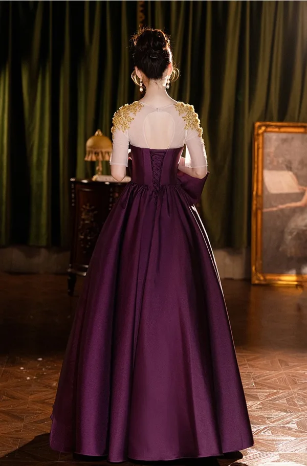 Elegant Purple Beading Lace Flower Bow Satin Prom Dresses 2025 A-Line / Princess Scoop Neck Short Sleeve Backless Floor-Length / Long Prom Formal Dresses