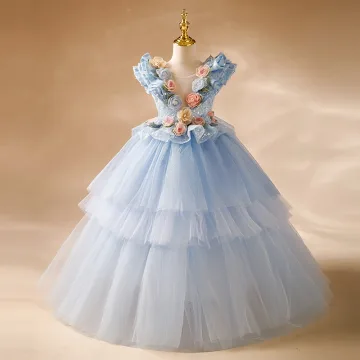 Flower Fairy Sky Blue Appliques Sequins Cascading Ruffles Flower Girl Dresses 2024 Ball Gown Scoop Neck Sleeveless Backless Floor Length Long Prom Flower Girl Dresses