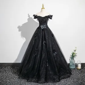 Bling Bling Noire Faux Diamant Paillettes Appliques Robe De Bal 2025 Robe Boule De L Épaule Gland Manches Courtes Dos Nu Longue Robe De Ceremonie
