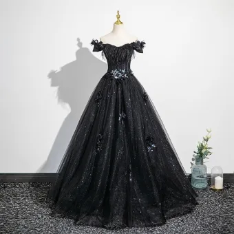 Bling Bling Black Rhinestone Sequins Appliques Prom Dresses 2025 Ball Gown Off The Shoulder Tassel Short Sleeve Backless Floor Length Long Formal Dresses