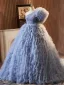 Fashion Sky Blue Cascading Ruffles Rhinestone Prom Dresses 2024 Ball Gown One-Shoulder Short Sleeve Backless Sweep Train Prom Formal Dresses