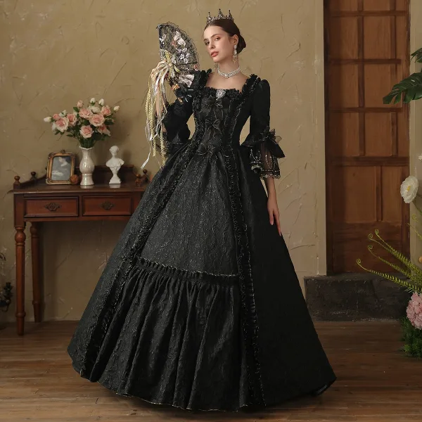 Vintage / Retro Medieval Gothic Black Beading Printing Bow Prom Dresses 2024 Ball Gown Square Neckline Bell sleeves Floor-Length / Long Prom Formal Dresses