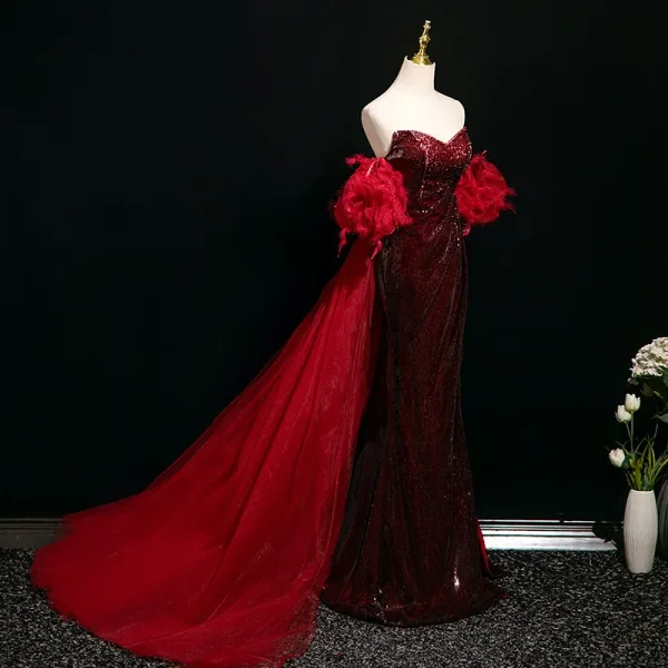Sexy Bling Bling Burgundy Sequins Evening Dresses 2025 Trumpet / Mermaid Strapless Sleeveless Backless Floor-Length / Long Evening Party Formal Dresses