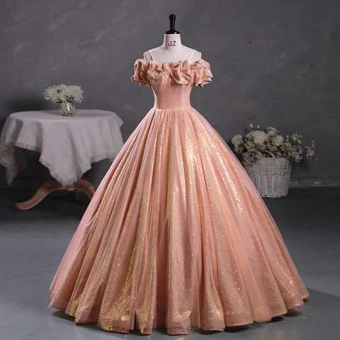 Brillante Rosa Lentejuelas Vestidos de gala 2023 Ball Gown Scoop Escote Ruffle Manga Corta Sin Espalda Largos Gala Vestidos Formales