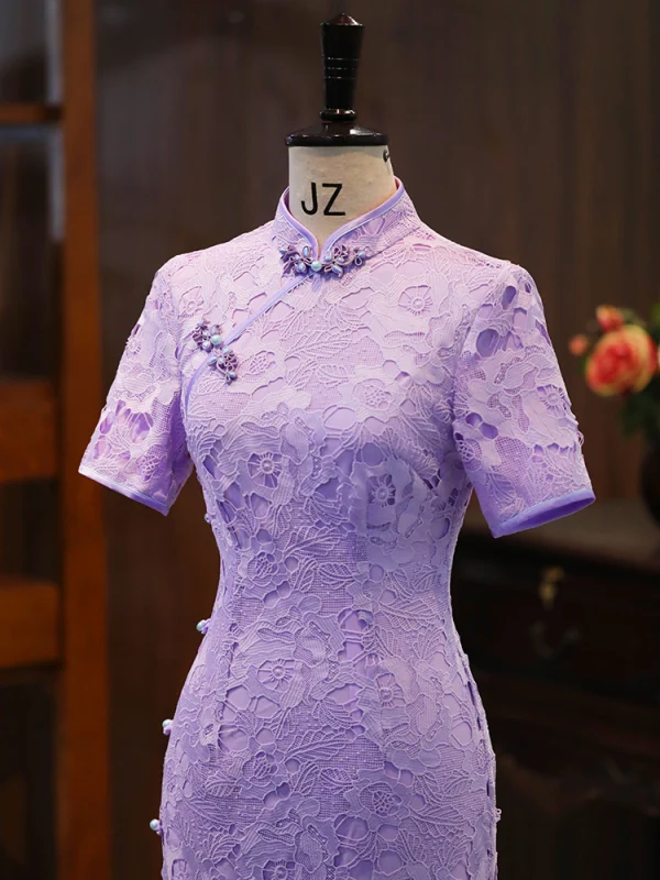 Vintage / Retro Chinese style Lavender Pearl Lace Flower Street Wear Tea-length Cheongsam 2024 Trumpet / Mermaid High Neck Short Sleeve