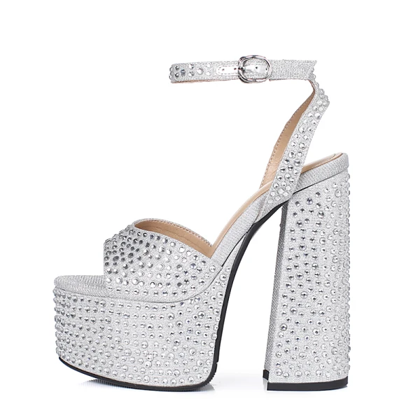 Sexy Argenté Cocktail Soirée Faux Diamant Sandales Femme 2023 Cuir Bride Cheville 15 cm Talons Épais Peep Toes / Bout Ouvert Sandales Talons Hauts