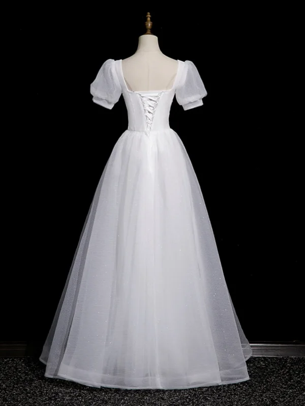 Chic / Beautiful White Beading Sequins Prom Dresses A-Line / Princess 2023 Square Neckline Short Sleeve Backless Floor-Length / Long Prom Dresses Formal Dresses
