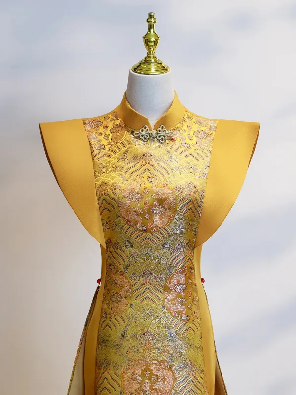 Chinese style Yellow Evening Party Floor-Length / Long Cheongsam 2025 Trumpet / Mermaid High Neck Sleeveless