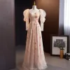 Flower Fairy Blushing Pink Sequins Prom Dresses 2023 A-Line / Princess Square Neckline Puffy Long Sleeve Backless Floor-Length / Long Prom Formal Dresses