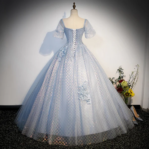 Elegant Sky Blue Beading Sequins Lace Flower Prom Dresses 2023 Ball Gown Square Neckline Bell sleeves Backless Floor-Length / Long Prom Formal Dresses