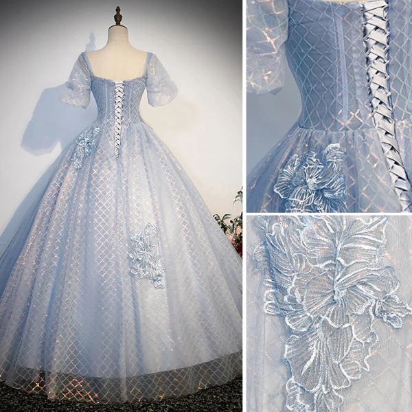 Elegant Sky Blue Beading Sequins Lace Flower Prom Dresses 2023 Ball Gown Square Neckline Bell sleeves Backless Floor-Length / Long Prom Formal Dresses