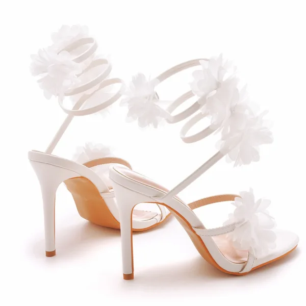 Sexy Charmant Weiß Applikationen Knöchelriemen Brautschuhe 2023 10 cm Stilettos Peeptoes Hochzeit Sandaletten Hochhackige