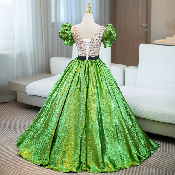 Elegant Green Sequins Prom Dresses 2024 Ball Gown V-Neck Puffy Short Sleeve Backless Bow Sash Floor-Length / Long Prom Formal Dresses