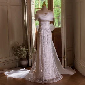Charming White Beading Sequins Evening Dresses 2024 Trumpet Mermaid Off The Shoulder Sleeveless Backless Bow Floor Length Long Evening Party Formal Dresses