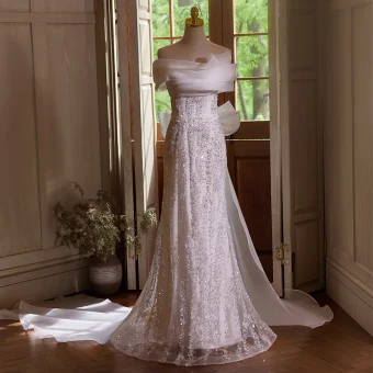 Charming White Beading Sequins Evening Dresses 2024 Trumpet Mermaid Off The Shoulder Sleeveless Backless Bow Floor Length Long Evening Party Formal Dresses