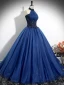 Vintage / Retro Navy Blue Beading Lace Flower Prom Dresses 2024 Ball Gown Halter Sleeveless Backless Floor-Length / Long Prom Formal Dresses