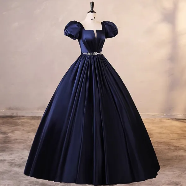 Elegant Burgundy Satin Prom Dresses 2023 Ball Gown Square Neckline Puffy Short Sleeve Backless Rhinestone Sash Floor-Length / Long Prom Formal Dresses