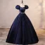 Elegant Burgundy Satin Prom Dresses 2023 Ball Gown Square Neckline Puffy Short Sleeve Backless Rhinestone Sash Floor-Length / Long Prom Formal Dresses