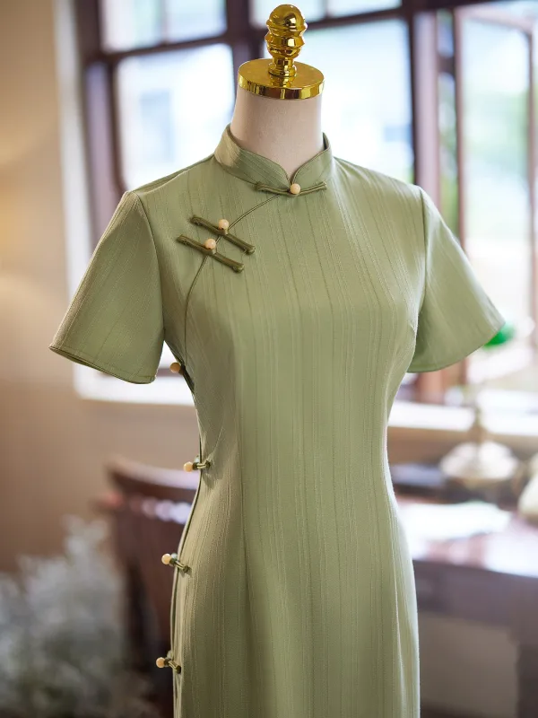 Chinese style Sage Green Tea-length Cheongsam 2024 Trumpet / Mermaid High Neck Short Sleeve