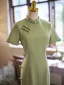 Chinese style Sage Green Tea-length Cheongsam 2024 Trumpet / Mermaid High Neck Short Sleeve