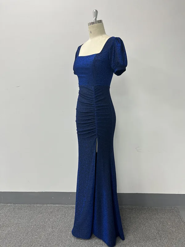 Sexy Bleu Marine Fendue devant Robe De Soirée 2024 Trompette / Sirène Encolure Carrée Manches Courtes Dos Nu Longue Soirée Robe De Ceremonie