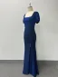 Sexy Bleu Marine Fendue devant Robe De Soirée 2024 Trompette / Sirène Encolure Carrée Manches Courtes Dos Nu Longue Soirée Robe De Ceremonie