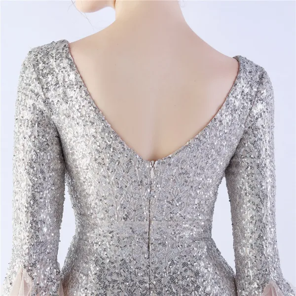 Sparkly Black Sequins Evening Dresses 2024 Trumpet / Mermaid V-Neck Bell sleeves Backless Floor-Length / Long Evening Party Formal Dresses