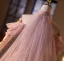 Luxus / Herrlich Rosa Handgefertigt Perlenstickerei Pailletten Strass Ballkleider 2025 A Linie Off Shoulder Kurze Ärmel Sweep / Pinsel Zug Ball Festliche Kleider
