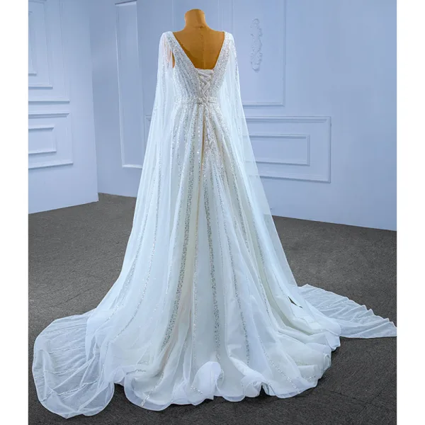 Haut de Gamme Charmant Blanche Perlage Paillettes Robe De Mariée 2022 Princesse V-Cou Manches Longues Dos Nu Train De Balayage Mariage