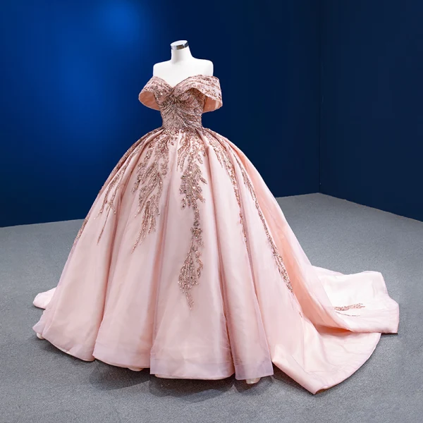 Luxury / Gorgeous Blushing Pink Beading Sequins Wedding Dresses 2022 Ball Gown Off-The-Shoulder Short Sleeve Backless Court Train Wedding