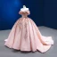 Luxury / Gorgeous Blushing Pink Beading Sequins Wedding Dresses 2022 Ball Gown Off-The-Shoulder Short Sleeve Backless Court Train Wedding