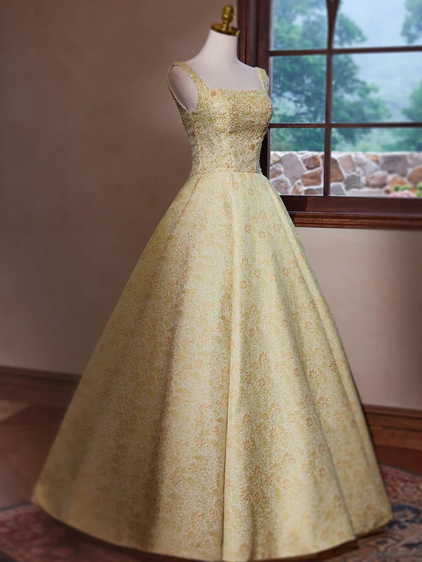Chic / Beautiful Green Beading Printing Prom Dresses 2024 Ball Gown Square Neckline Sleeveless Backless Floor-Length / Long Prom Formal Dresses