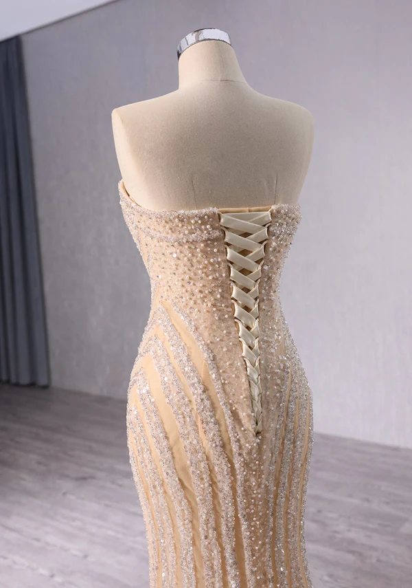 Sparkly High-end Champagne Handmade  Beading Pearl Sequins Evening Dresses 2024 Trumpet / Mermaid Strapless Sleeveless Backless Floor-Length / Long Evening Party