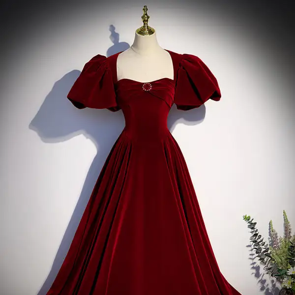 Classy Burgundy Suede Prom Dresses 2022 A-Line / Princess Square Neckline Rhinestone Puffy Short Sleeve Backless Floor-Length / Long Prom Formal Dresses