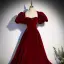 Classy Burgundy Suede Prom Dresses 2022 A-Line / Princess Square Neckline Rhinestone Puffy Short Sleeve Backless Floor-Length / Long Prom Formal Dresses