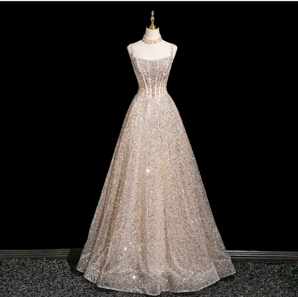 Glitzernden Charmant Champagner Perlenstickerei Strass Pailletten Abendkleider 2025 A Linie Off Shoulder Kurze Ärmel Rückenfreies Lange Festliche Kleider