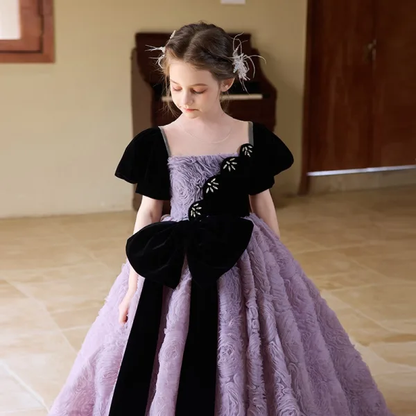 Chic / Beautiful Lavender Bow Ruffle Birthday Flower Girl Dresses 2025 Ball Gown Scoop Neck Short Sleeve Backless Floor-Length / Long