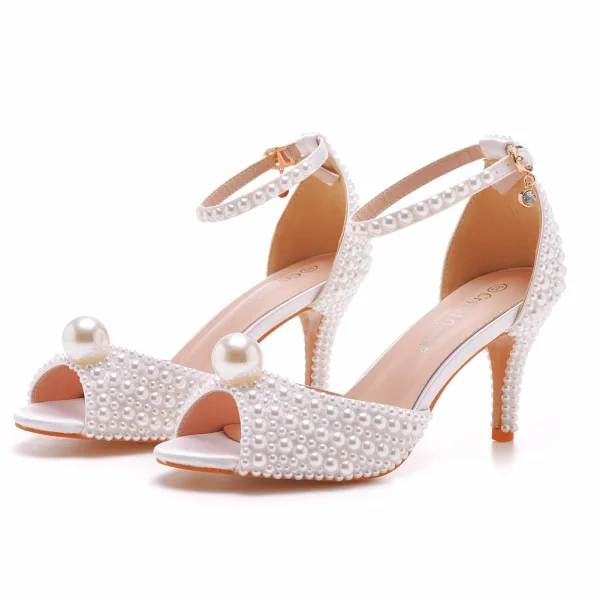 Chic / Beautiful White Pearl Wedding Shoes 2023 Ankle Strap 7 cm Stiletto Heels Open / Peep Toe Wedding Sandals High Heels