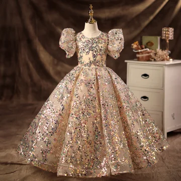 Sparkly Champagne Beading Sequins Prom Flower Girl Dresses 2022 Ball Gown Scoop Neck Puffy Short Sleeve Backless Floor Length Long Flower Girl Dresses