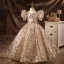 Sparkly Champagne Beading Sequins Prom Flower Girl Dresses 2022 Ball Gown Scoop Neck Puffy Short Sleeve Backless Floor-Length / Long Flower Girl Dresses