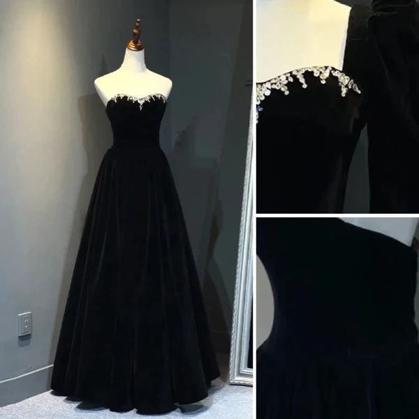 Sexy Black Suede Evening Dresses 2023 A-Line / Princess Strapless Rhinestone Sleeveless Backless Bow Floor-Length / Long Evening Party Formal Dresses